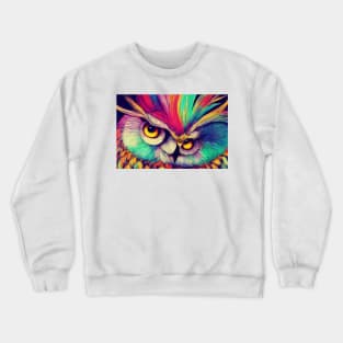 Colorful Abstract Owl Portrait Illustration - Bright Vibrant Colors Bohemian Style Feathers Psychedelic Bird Animal Rainbow Colored Art Crewneck Sweatshirt